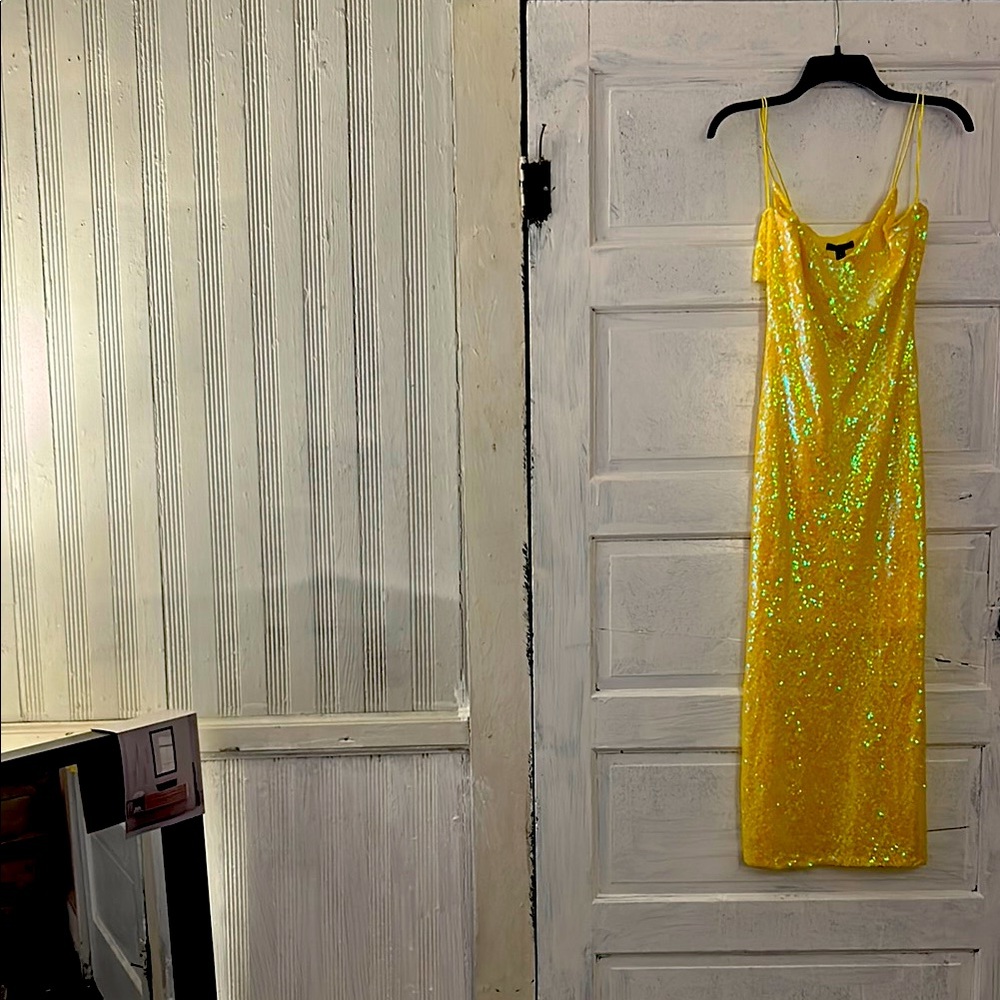 Prom dress Vintage Yellow Sequin Sheath Midi Dress Spaghetti Strap